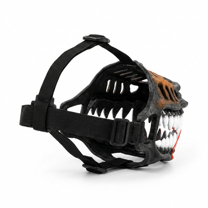 Rear three quarter view of the BeastMuzzle showing the adjustable head strap and buckles