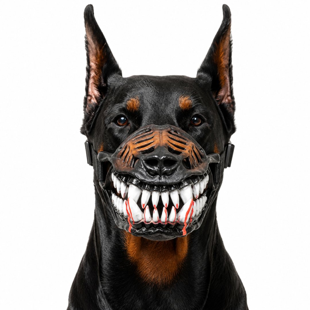 Doberman wearing the BeastMuzzle fanged dog muzzle on a white background