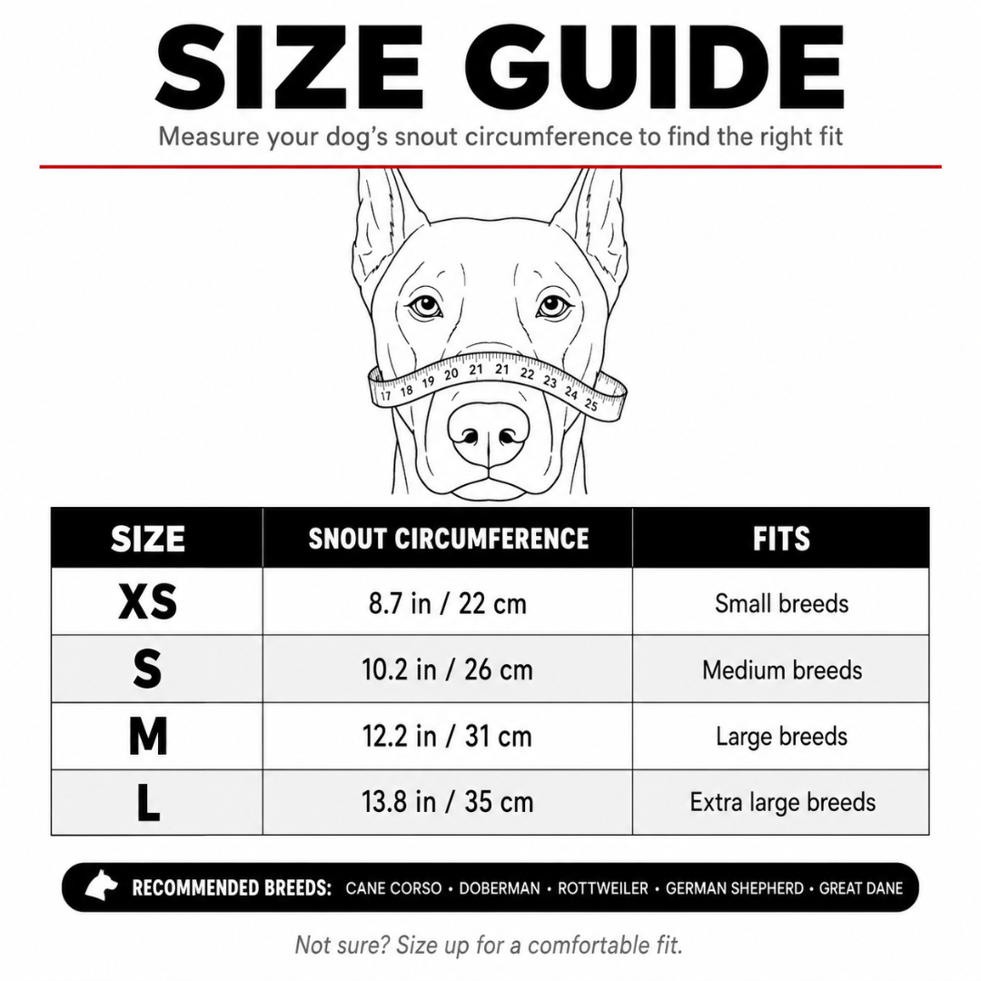 BeastMuzzle size guide: XS 22cm, S 26cm, M 31cm, L 35cm snout circumference