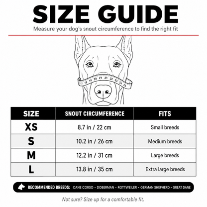 BeastMuzzle size guide: XS 22cm, S 26cm, M 31cm, L 35cm snout circumference
